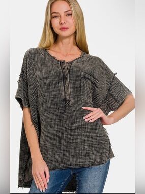 ZENANA Oversized Washed Waffle Knit Top L/XL 🖤